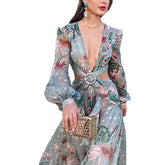 Long Sleeved Ruffles Deep V Neck Long Beach Prom Dresses